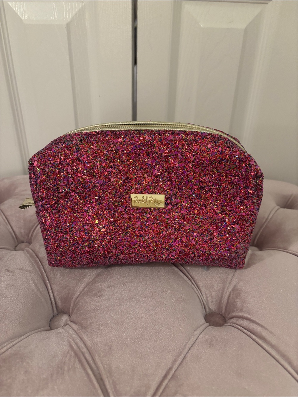 Packed Party Hot Pink Glitter Makeup Pouch with Gold Zipper